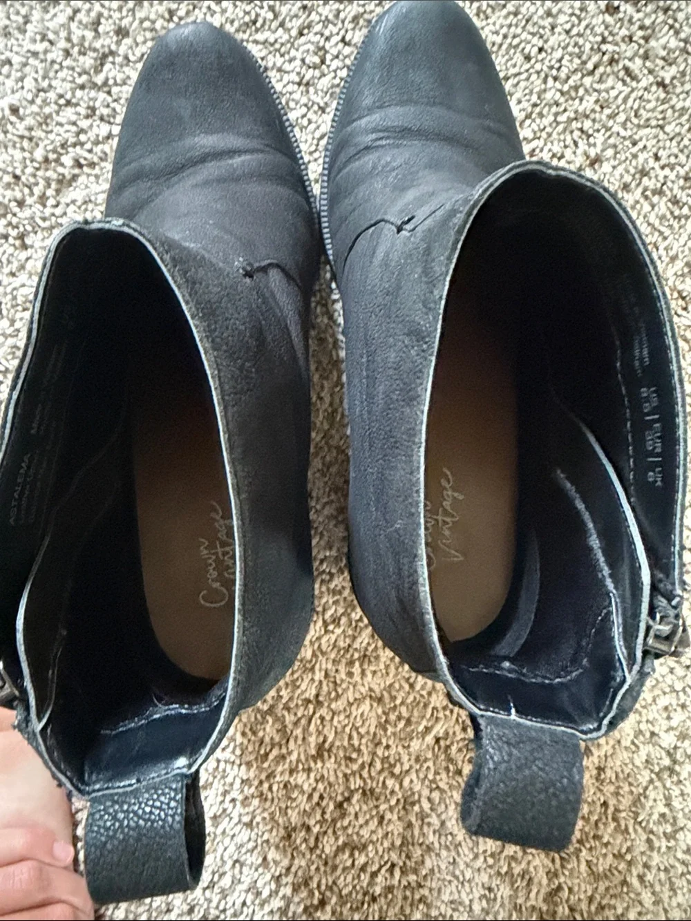 Crown Vintage Black Leather Side-Zip Block Heel Ankle Boots
